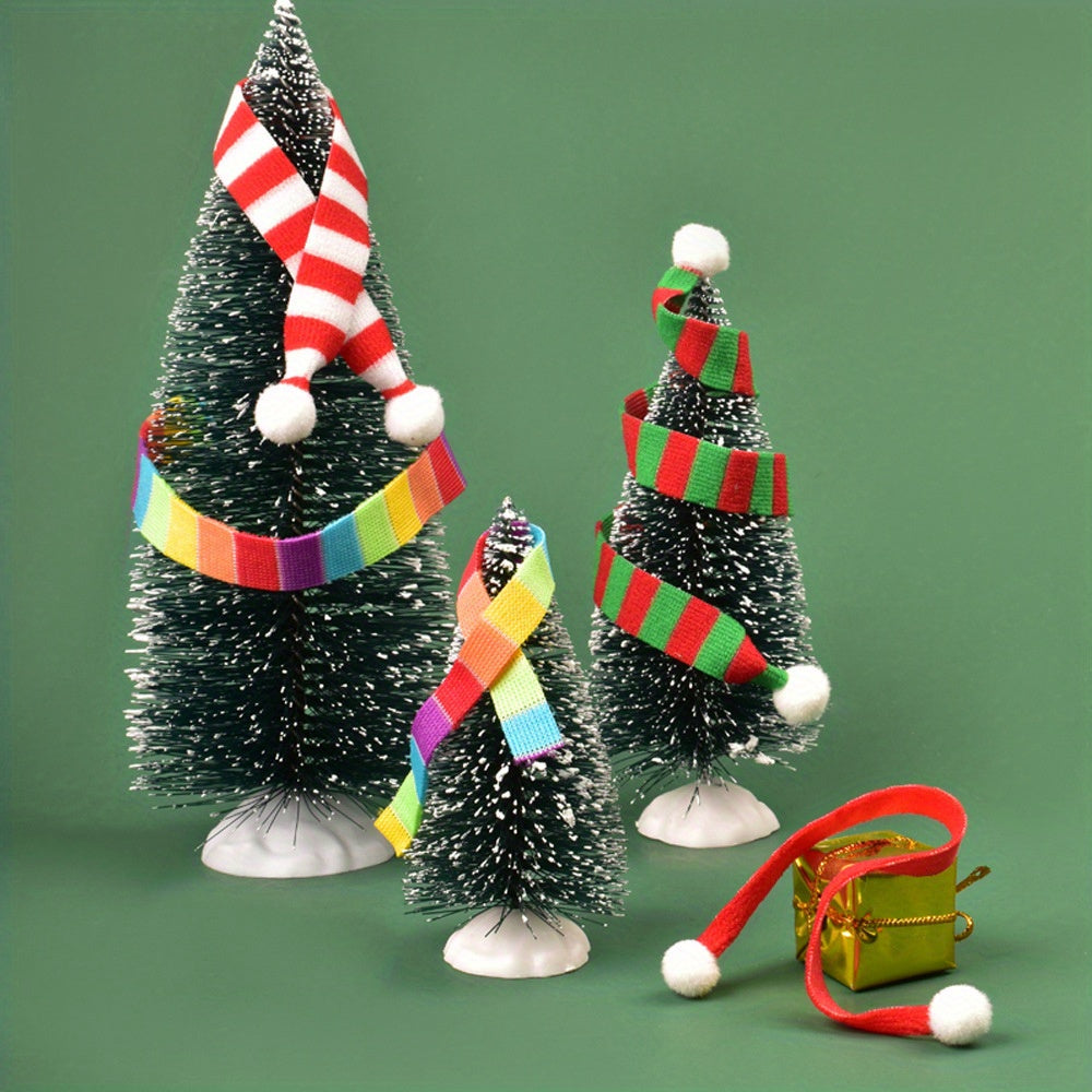 Juego de mini bufandas con adornos navideños (1/4 piezas): bufandas festivas de poliéster a rayas con pompones para decoración navideña y adornos de muñecas