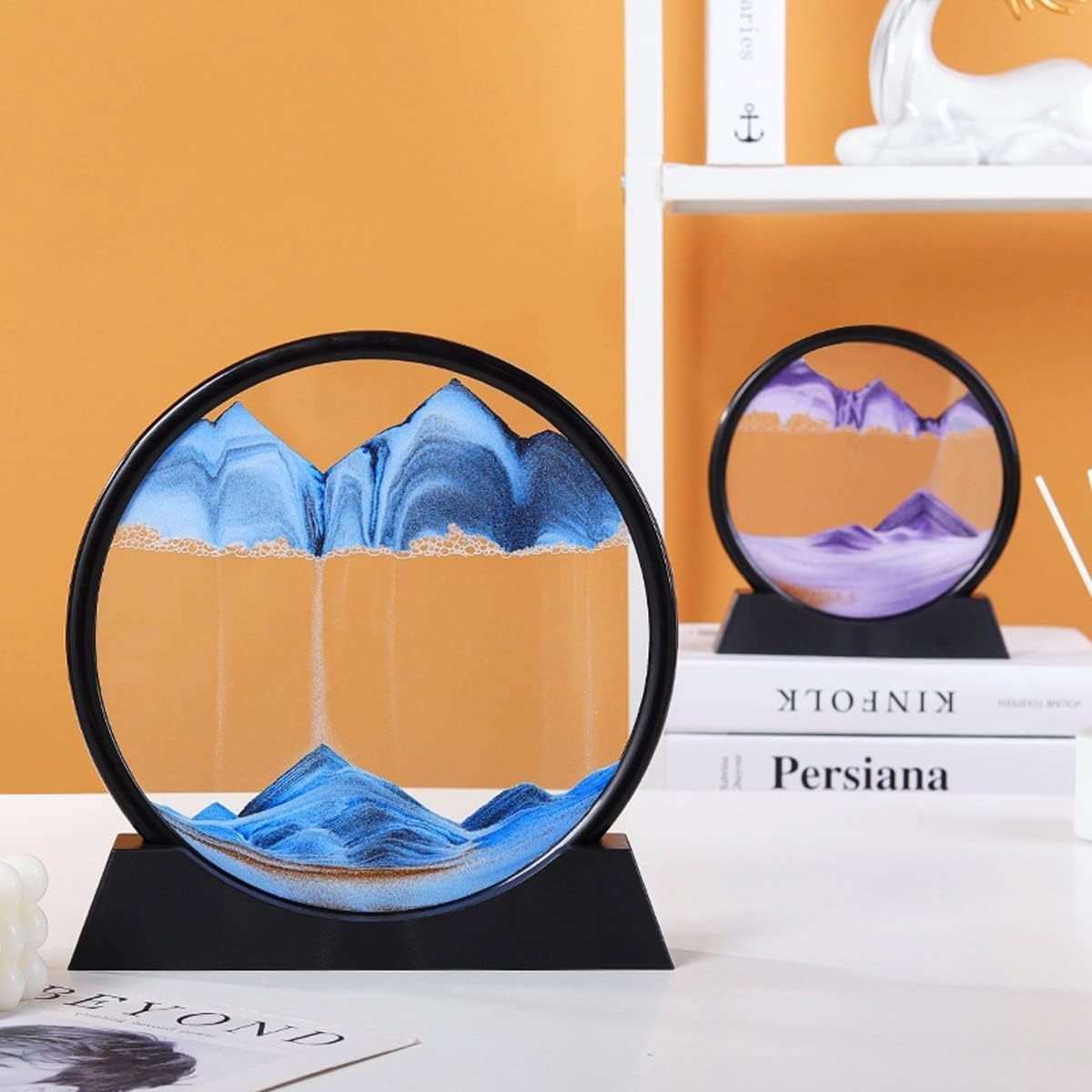 3D Dynamic Sand Art Liquid Motion – Moving Picture Round Glass Deep Sea Sandscape Display with Flowing Frame, Relaxing Desktop Home or Office Decor (Available in 7 or 12 Inch)