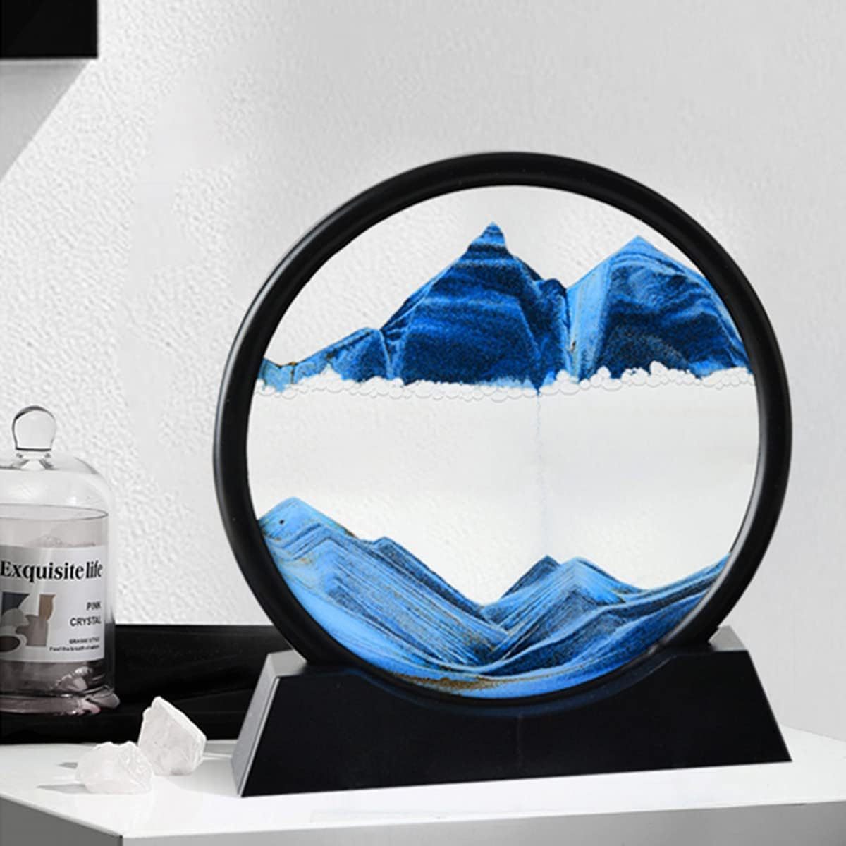 3D Dynamic Sand Art Liquid Motion – Moving Picture Round Glass Deep Sea Sandscape Display with Flowing Frame, Relaxing Desktop Home or Office Decor (Available in 7 or 12 Inch)