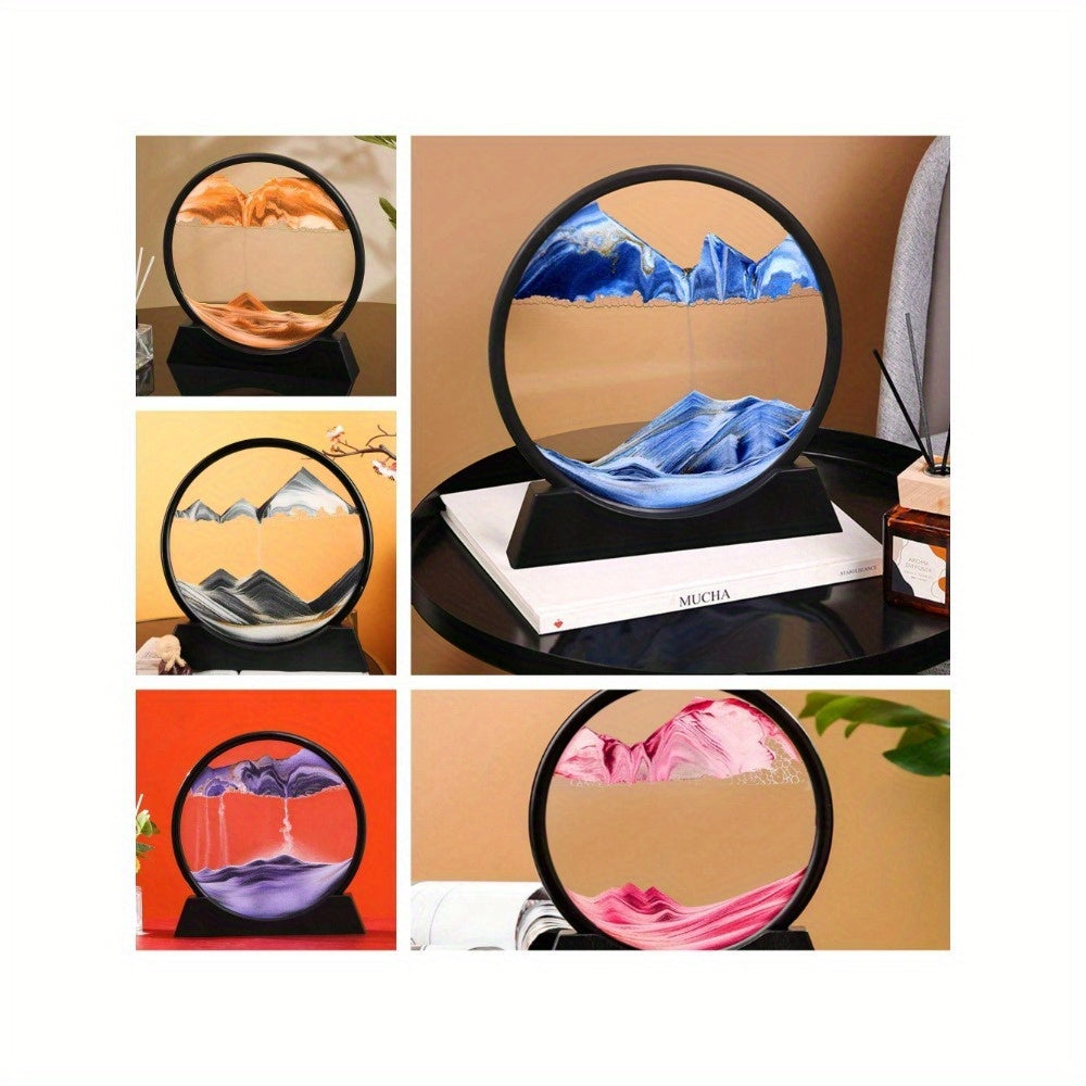 3D Dynamic Sand Art Liquid Motion – Moving Picture Round Glass Deep Sea Sandscape Display with Flowing Frame, Relaxing Desktop Home or Office Decor (Available in 7 or 12 Inch)