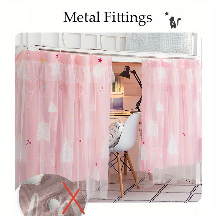 1 Pc Pink Double-Layer Blackout Bed Curtains - Privacy Drapes for Dormitory Bunks, Polyester, Machine Washable