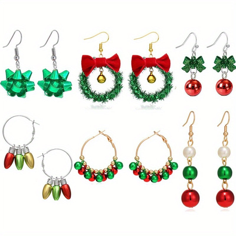 6 Pairs Christmas Dangle Earrings Set - Bow, Bell, Bulb & Tree Designs, Festive Holiday Jewelry for Women