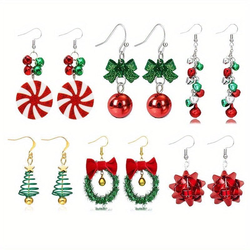 6 Pairs Christmas Dangle Earrings Set - Bow, Bell, Bulb & Tree Designs, Festive Holiday Jewelry for Women