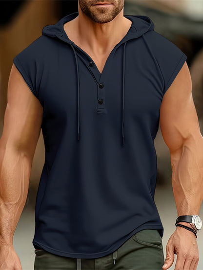 Men's Solid Color Henley Hooded Tank - Summer Fitness & Sports Wear - Hiccupzz