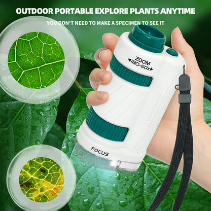 60-120x Pocket Microscope Toy Kit for Kids - Educational Mini Handheld Microscope with Light