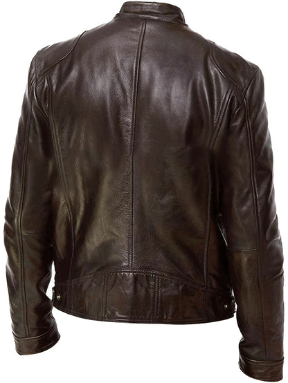 Men's PU Leather Motorcycle Jacket with Zipper Pockets, Autumn/Winter Stand Collar Cardigan Coat - Hiccupzz