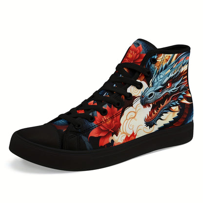 Men's Dragon Pattern High Top Skateboard Shoes - Non-Slip, Durable Lace-Up Sneakers - Hiccupzz