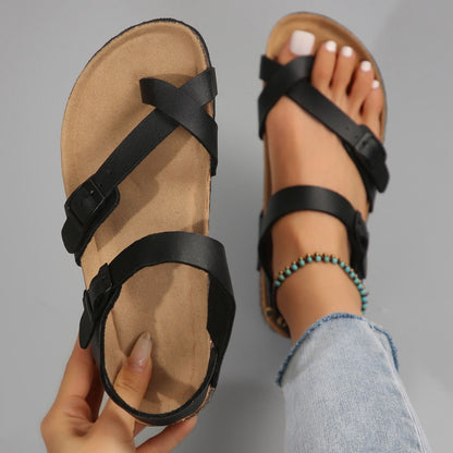 Women's Casual Leather Slides Sandals with Adjustable Buckles, Non-Slip Orthopedic Cork Footbed, Arch Supportive Comfort Fashion Shoes - Hiccupzz