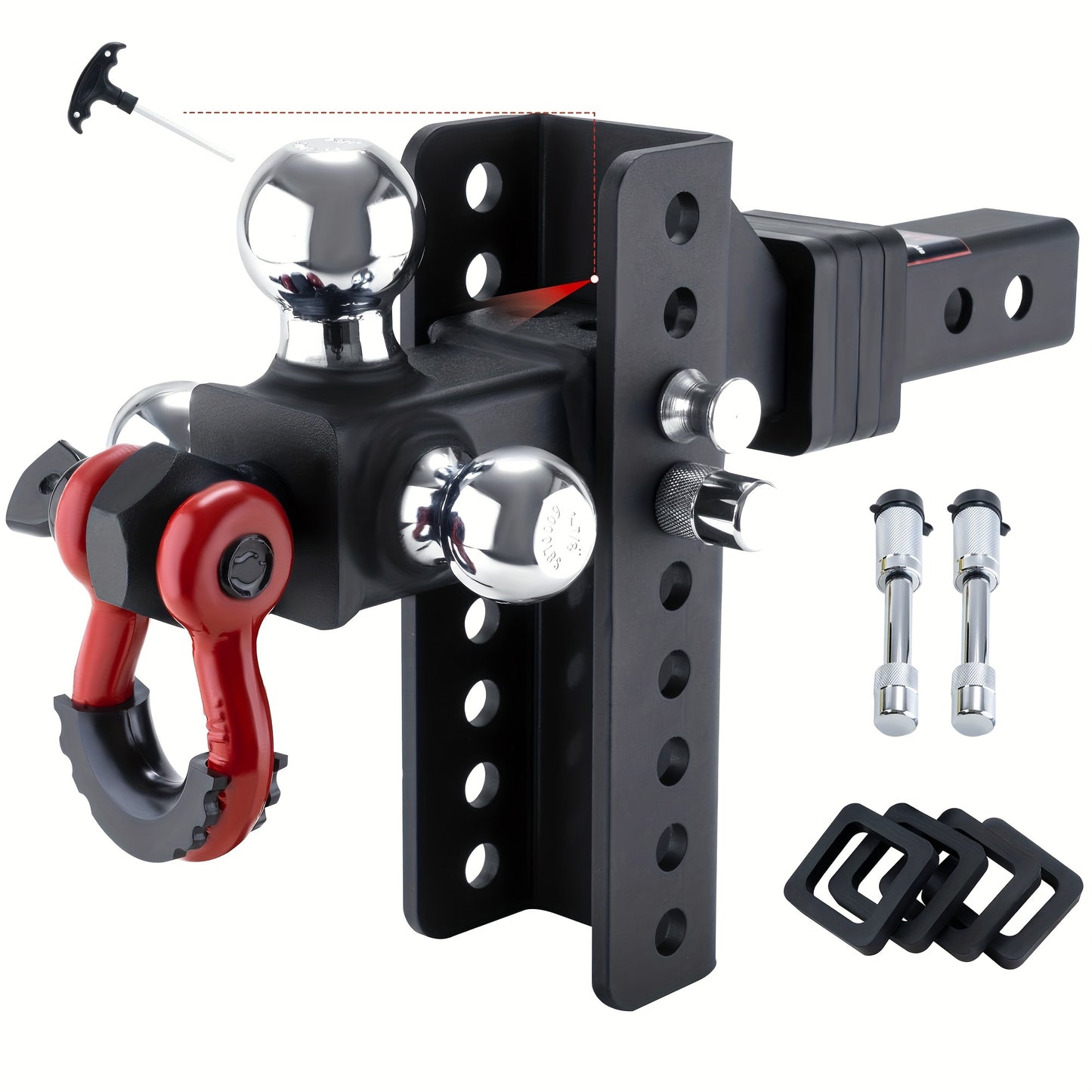 Adjustable Heavy-Duty Trailer Hitch - Tri-Ball Mount with Locks, Pin, & Rotatable Tow Shackle