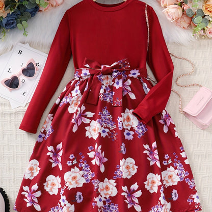 Girls' Floral Spliced Dress, Long Sleeves, Round Neck, Belted, Party Dress - Hiccupzz