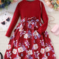 Girls' Floral Spliced Dress, Long Sleeves, Round Neck, Belted, Party Dress - Hiccupzz