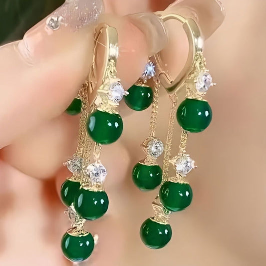 1 Pair Korean Fashion Emerald Cat Eye Stone Tassel Earrings for Women - Hiccupzz