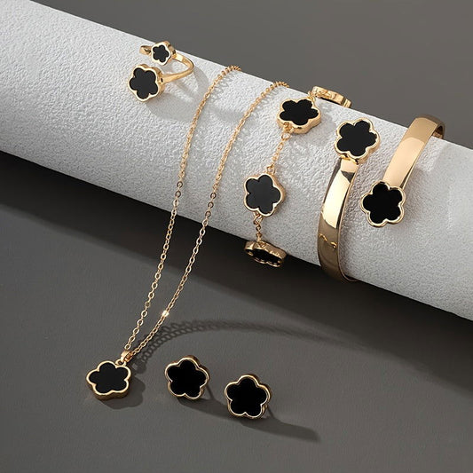 1 Pair Stud Earrings +1 Pc Necklace +1 Pc Bracelet +1 Pc Bangle +1 Pc Ring With Lucky Flower Design Alloy Jewelry Set Trendy Female Gift - Hiccupzz