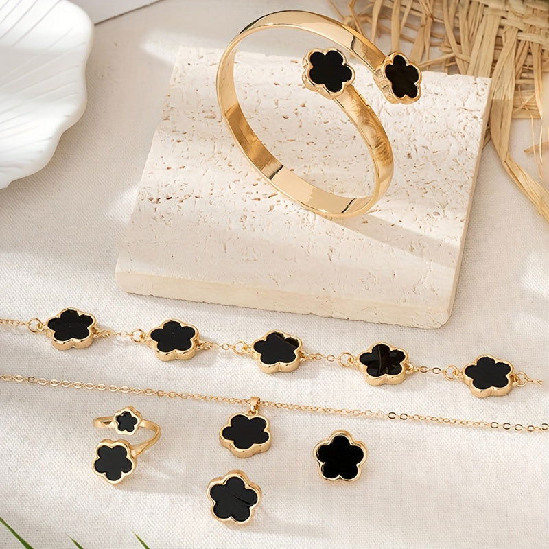 1 Pair Stud Earrings +1 Pc Necklace +1 Pc Bracelet +1 Pc Bangle +1 Pc Ring With Lucky Flower Design Alloy Jewelry Set Trendy Female Gift - Hiccupzz