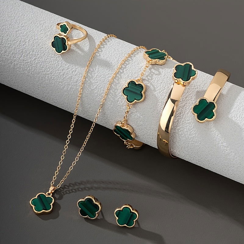 1 Pair Stud Earrings +1 Pc Necklace +1 Pc Bracelet +1 Pc Bangle +1 Pc Ring With Lucky Flower Design Alloy Jewelry Set Trendy Female Gift - Hiccupzz