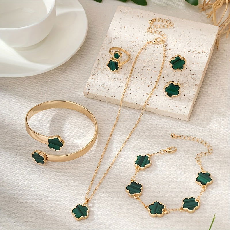 1 Pair Stud Earrings +1 Pc Necklace +1 Pc Bracelet +1 Pc Bangle +1 Pc Ring With Lucky Flower Design Alloy Jewelry Set Trendy Female Gift - Hiccupzz