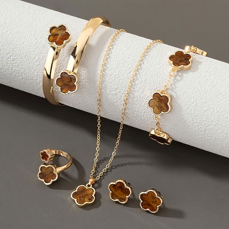1 Pair Stud Earrings +1 Pc Necklace +1 Pc Bracelet +1 Pc Bangle +1 Pc Ring With Lucky Flower Design Alloy Jewelry Set Trendy Female Gift - Hiccupzz
