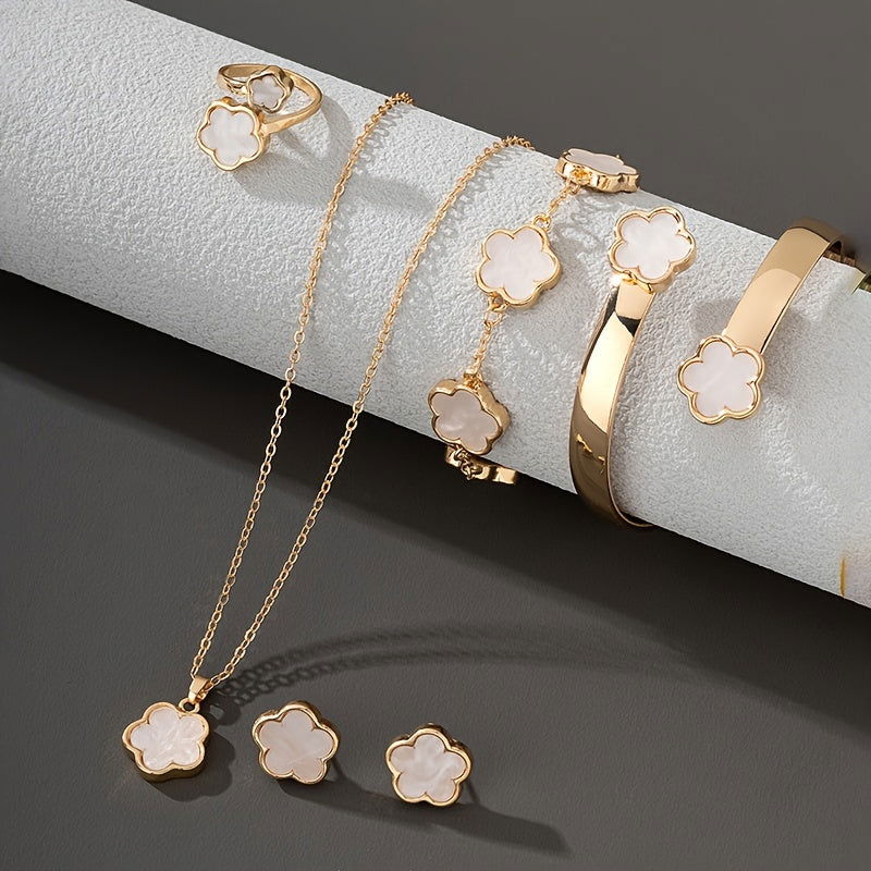 1 Pair Stud Earrings +1 Pc Necklace +1 Pc Bracelet +1 Pc Bangle +1 Pc Ring With Lucky Flower Design Alloy Jewelry Set Trendy Female Gift - Hiccupzz