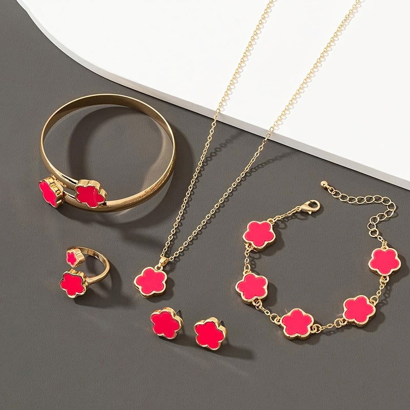 1 Pair Stud Earrings +1 Pc Necklace +1 Pc Bracelet +1 Pc Bangle +1 Pc Ring With Lucky Flower Design Alloy Jewelry Set Trendy Female Gift - Hiccupzz