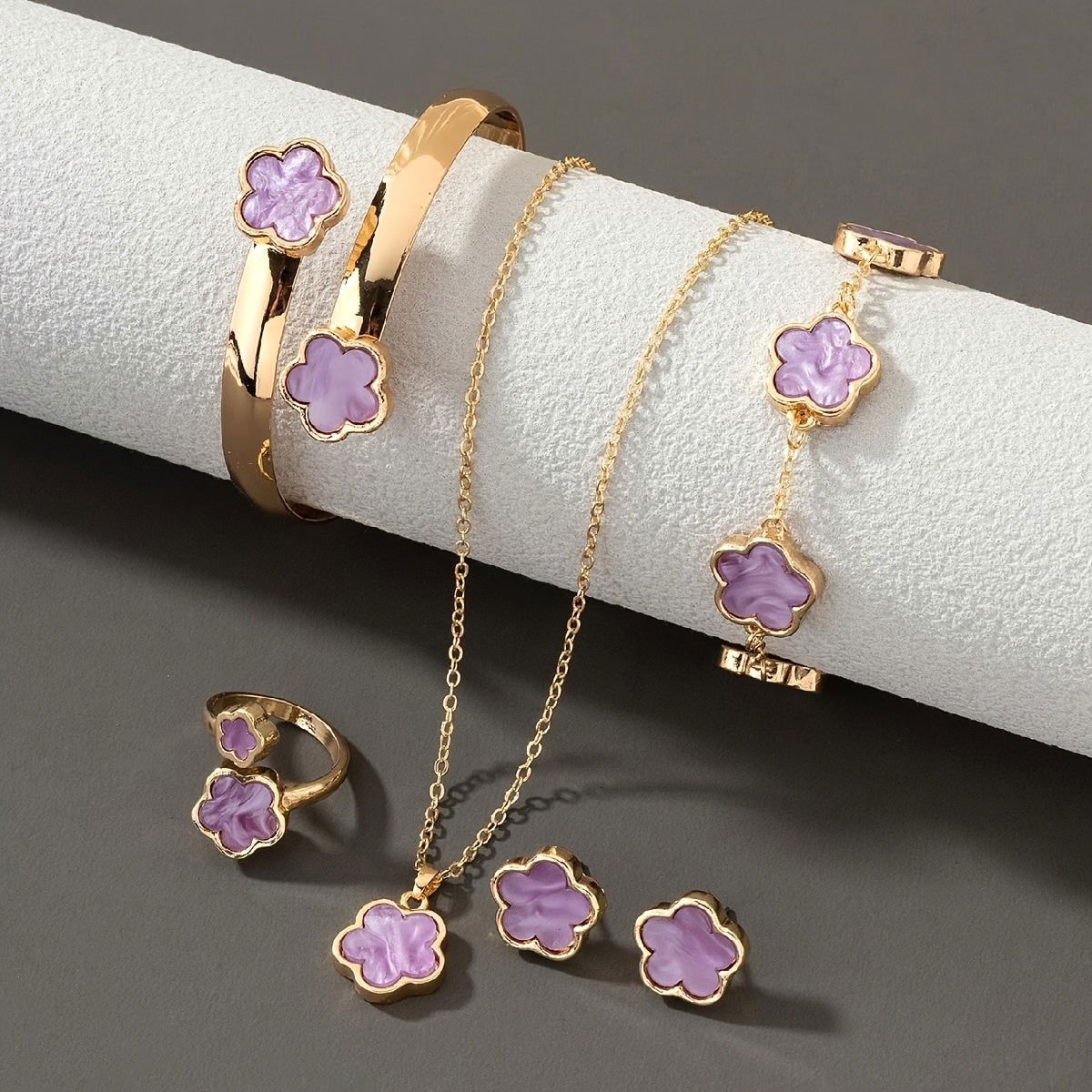 1 Pair Stud Earrings +1 Pc Necklace +1 Pc Bracelet +1 Pc Bangle +1 Pc Ring With Lucky Flower Design Alloy Jewelry Set Trendy Female Gift - Hiccupzz