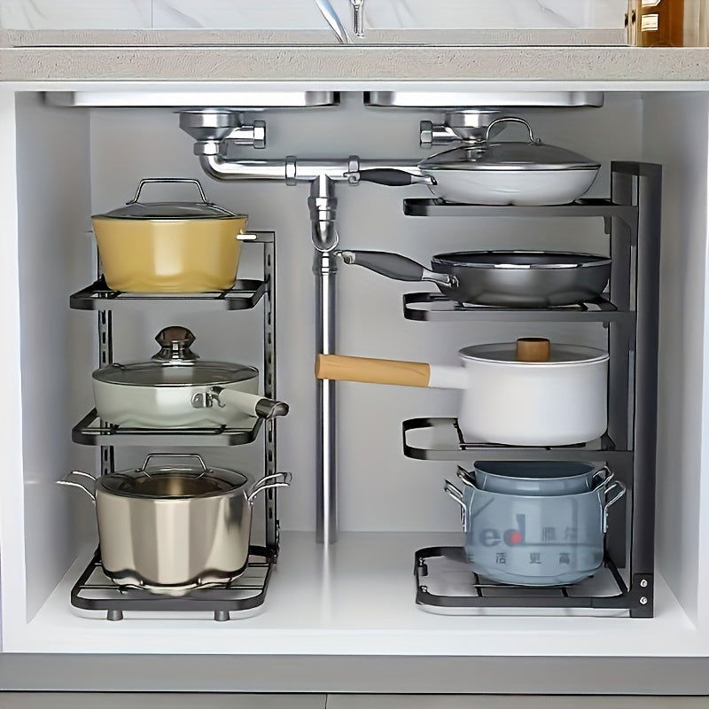 1 Pc Adjustable Folding Pot Rack Organizer, Metal Kitchen Storage Sink Shelf, Multi-Layer Cabinet Stand For Pots And Pans, Space Saving - Hiccupzz