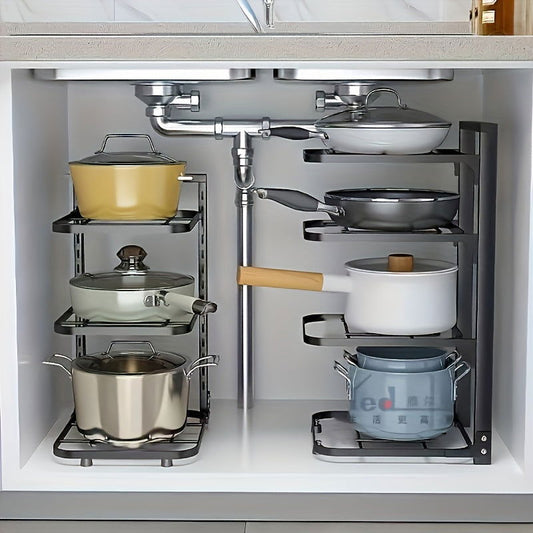1 Pc Adjustable Folding Pot Rack Organizer, Metal Kitchen Storage Sink Shelf, Multi-Layer Cabinet Stand For Pots And Pans, Space Saving - Hiccupzz