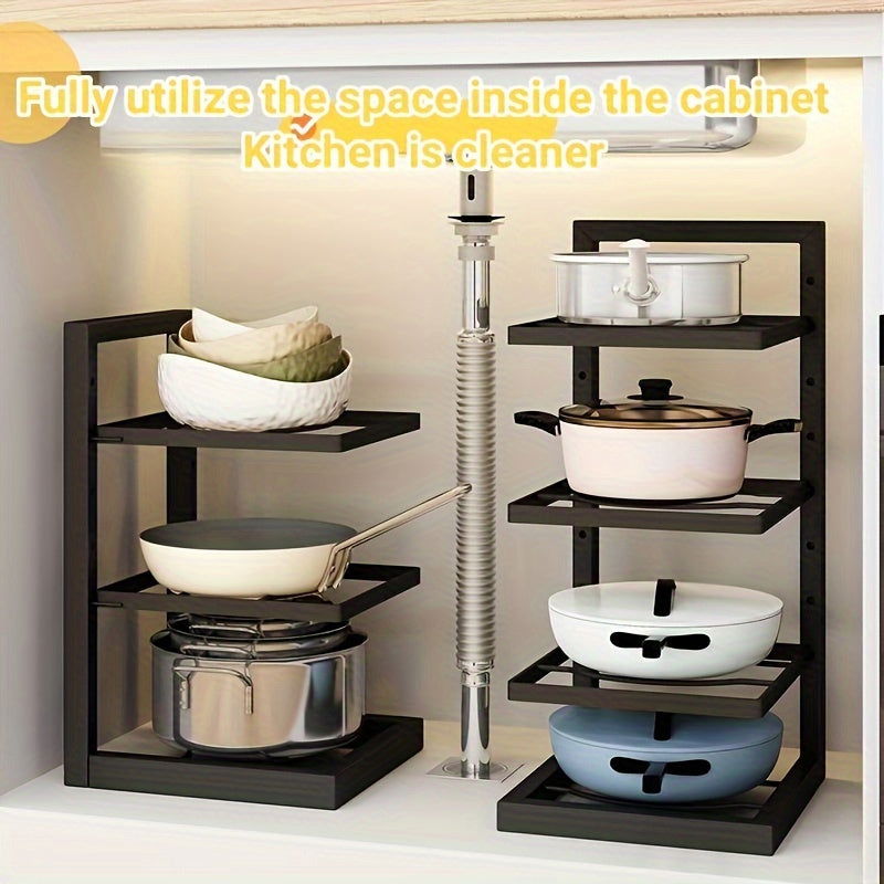 1 Pc Adjustable Folding Pot Rack Organizer, Metal Kitchen Storage Sink Shelf, Multi-Layer Cabinet Stand For Pots And Pans, Space Saving - Hiccupzz