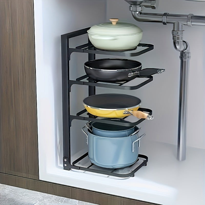 1 Pc Adjustable Folding Pot Rack Organizer, Metal Kitchen Storage Sink Shelf, Multi-Layer Cabinet Stand For Pots And Pans, Space Saving - Hiccupzz