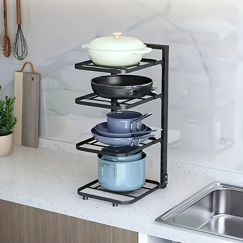 1 Pc Adjustable Folding Pot Rack Organizer, Metal Kitchen Storage Sink Shelf, Multi-Layer Cabinet Stand For Pots And Pans, Space Saving - Hiccupzz