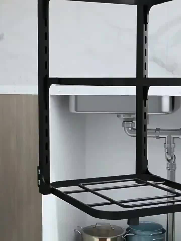 1 Pc Adjustable Folding Pot Rack Organizer, Metal Kitchen Storage Sink Shelf, Multi-Layer Cabinet Stand For Pots And Pans, Space Saving - Hiccupzz