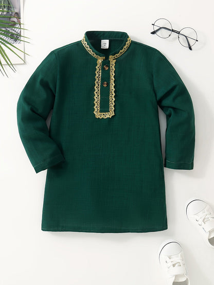 1 Pc Boys Ethnic Style Long Sleeve Shirt, Button Detail, Casual - Hiccupzz