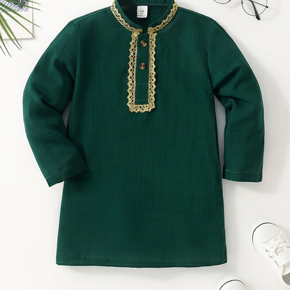 1 Pc Boys Ethnic Style Long Sleeve Shirt, Button Detail, Casual - Hiccupzz