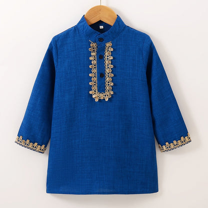 1 Pc Boys Ethnic Style Long Sleeve Shirt, Button Detail, Casual - Hiccupzz