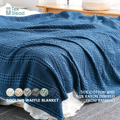 1 Pc Cooling Bamboo Fiber Cotton Blend Waffle Blanket - Lightweight Breathable Blanket For Hot Sleepers, Luxury Throws For Bed, Couch And Sofa - Hiccupzz