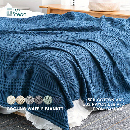 1 Pc Cooling Bamboo Fiber Cotton Blend Waffle Blanket - Lightweight Breathable Blanket For Hot Sleepers, Luxury Throws For Bed, Couch And Sofa - Hiccupzz