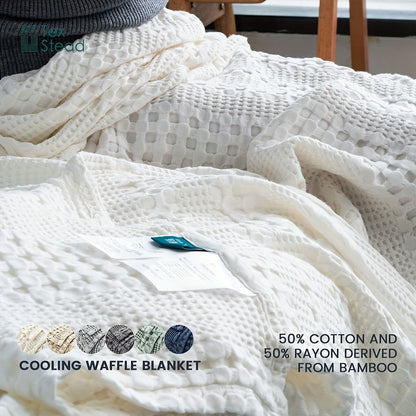 1 Pc Cooling Bamboo Fiber Cotton Blend Waffle Blanket - Lightweight Breathable Blanket For Hot Sleepers, Luxury Throws For Bed, Couch And Sofa - Hiccupzz