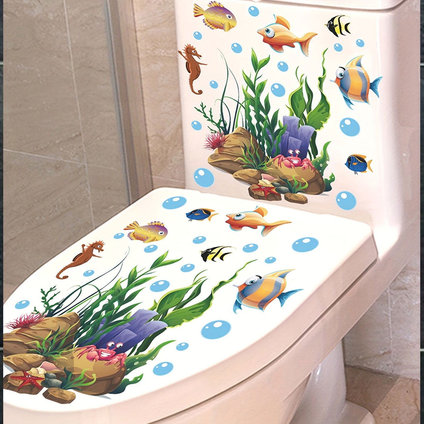 1 Pc Cute Cartoon Marine Life Toilet Sticker Funny Toilet Sticker for Bathroom Home Decoration Self Adhesive Wall Decal - Hiccupzz