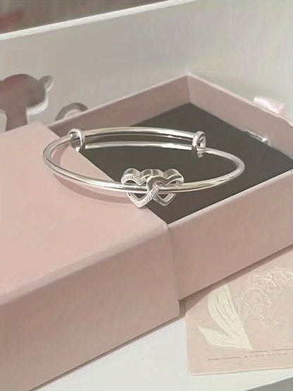 1 Pc, Double Heart Love Adjustable Bracelet - Sweet Design for Birthdays, Holidays, and Girlfriend Gifts - Hiccupzz