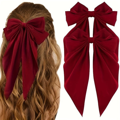 1 Pc, Elegant Long Ribbon Bow Hair Clip: Christmas Ponytail Accessory for Women and Girls - Hiccupzz