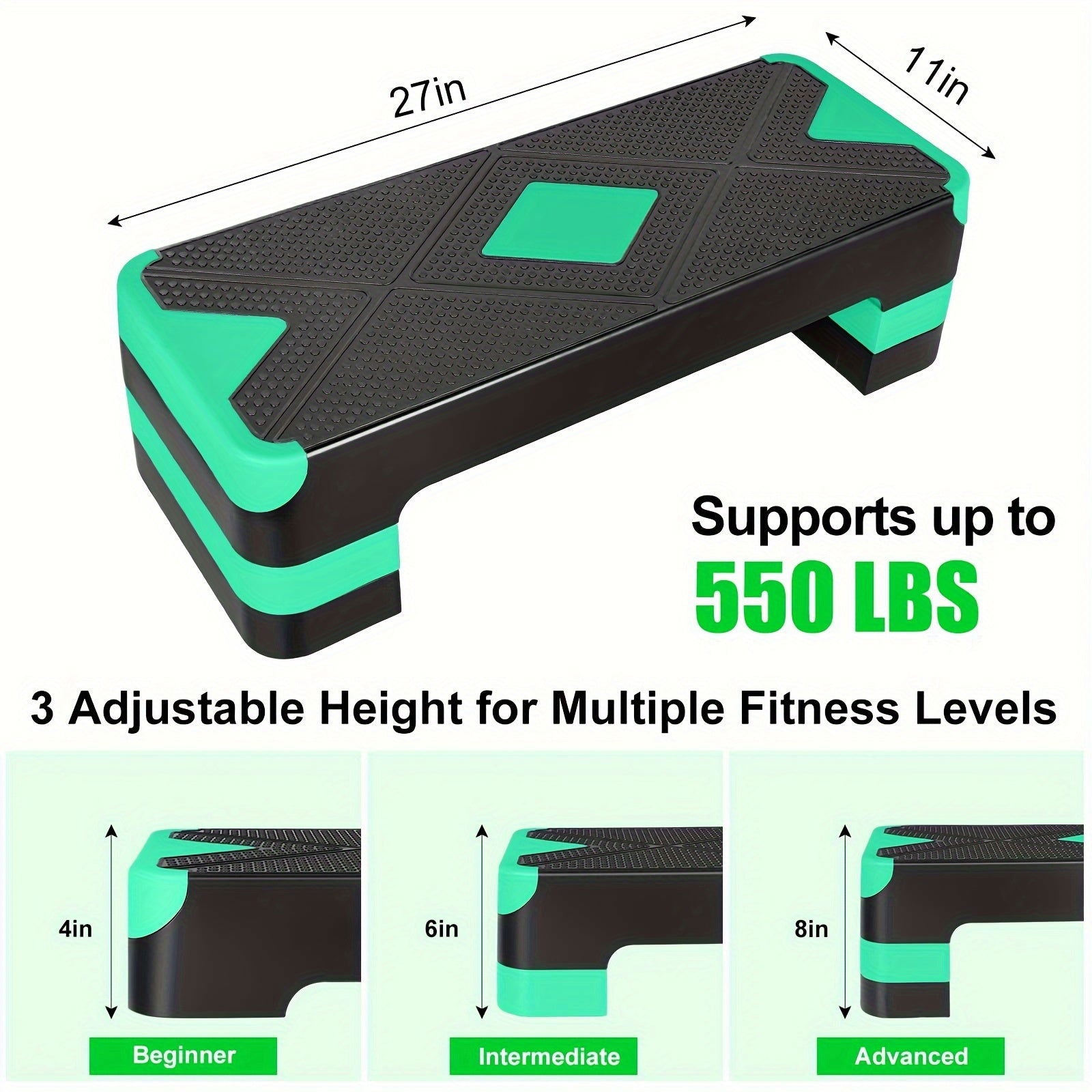 1 Pc Exercise Pedal Board, 27" Workout Step Trainer, With 4"-6"-8" Adjustable Height Risers, For Aerobic Training, Body Exercise, Squats Workout - Hiccupzz