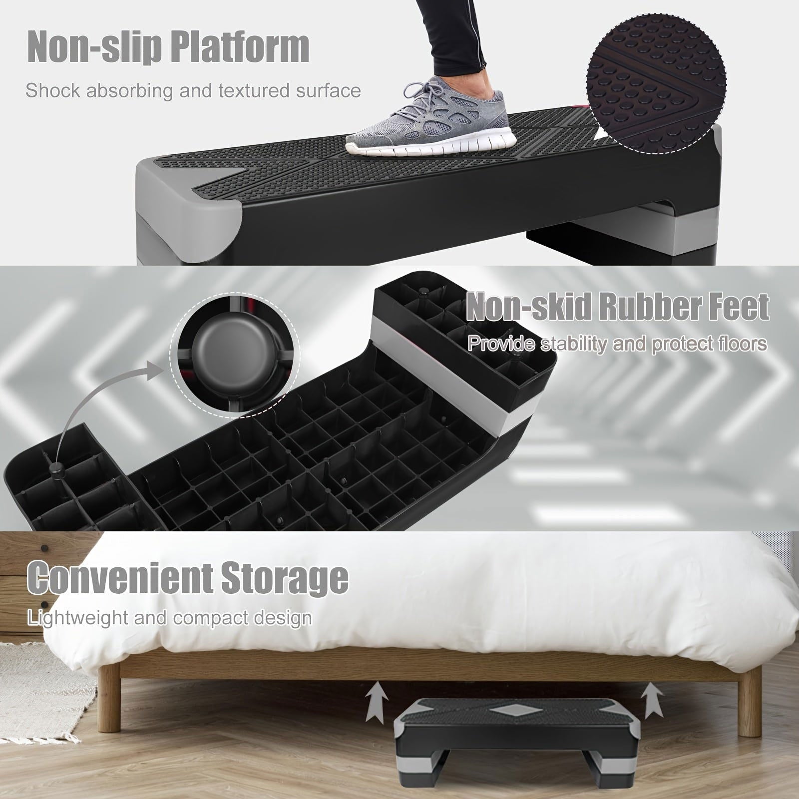 1 Pc Exercise Pedal Board, 27" Workout Step Trainer, With 4"-6"-8" Adjustable Height Risers, For Aerobic Training, Body Exercise, Squats Workout - Hiccupzz