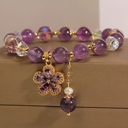 1 Pc Fashionable Amethyst Bead Bracelet With Flower Pendent Perfect For Women - Hiccupzz