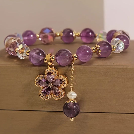 1 Pc Fashionable Amethyst Bead Bracelet With Flower Pendent Perfect For Women - Hiccupzz