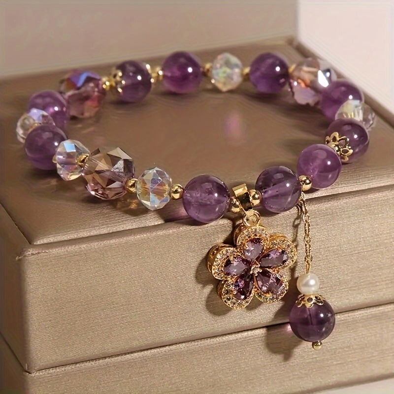 1 Pc Fashionable Amethyst Bead Bracelet With Flower Pendent Perfect For Women - Hiccupzz