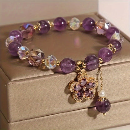 1 Pc Fashionable Amethyst Bead Bracelet With Flower Pendent Perfect For Women - Hiccupzz