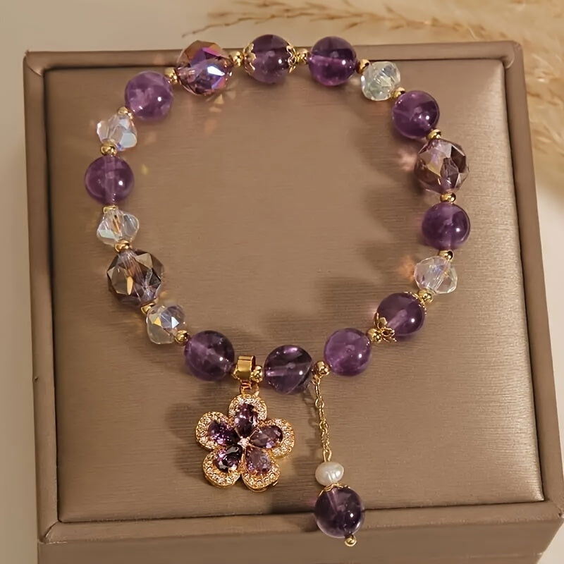 1 Pc Fashionable Amethyst Bead Bracelet With Flower Pendent Perfect For Women - Hiccupzz