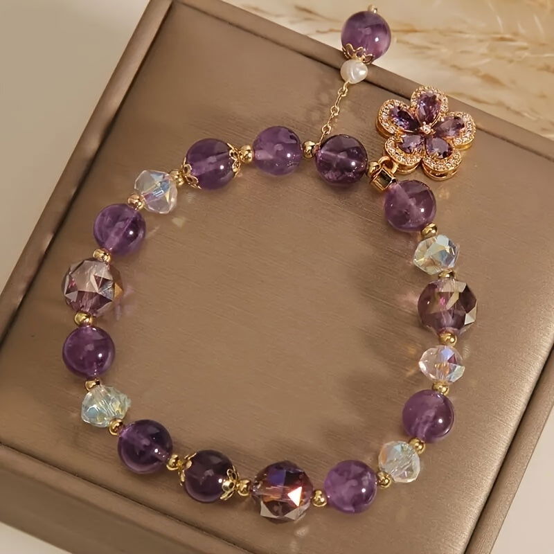 1 Pc Fashionable Amethyst Bead Bracelet With Flower Pendent Perfect For Women - Hiccupzz