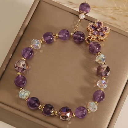 1 Pc Fashionable Amethyst Bead Bracelet With Flower Pendent Perfect For Women - Hiccupzz