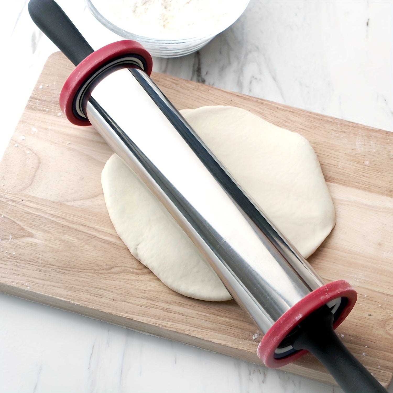 1 Pc, Large Stainless Steel Rolling Pin, Adjustable 3-Thickness Rings, Dough Roller For Pie & Pizza Baking, With Non-Stick Surface - Hiccupzz