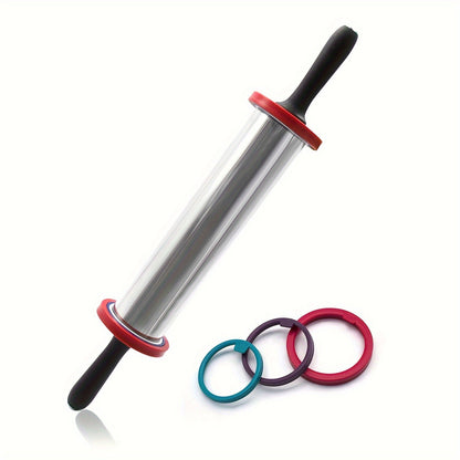 1 Pc, Large Stainless Steel Rolling Pin, Adjustable 3-Thickness Rings, Dough Roller For Pie & Pizza Baking, With Non-Stick Surface - Hiccupzz